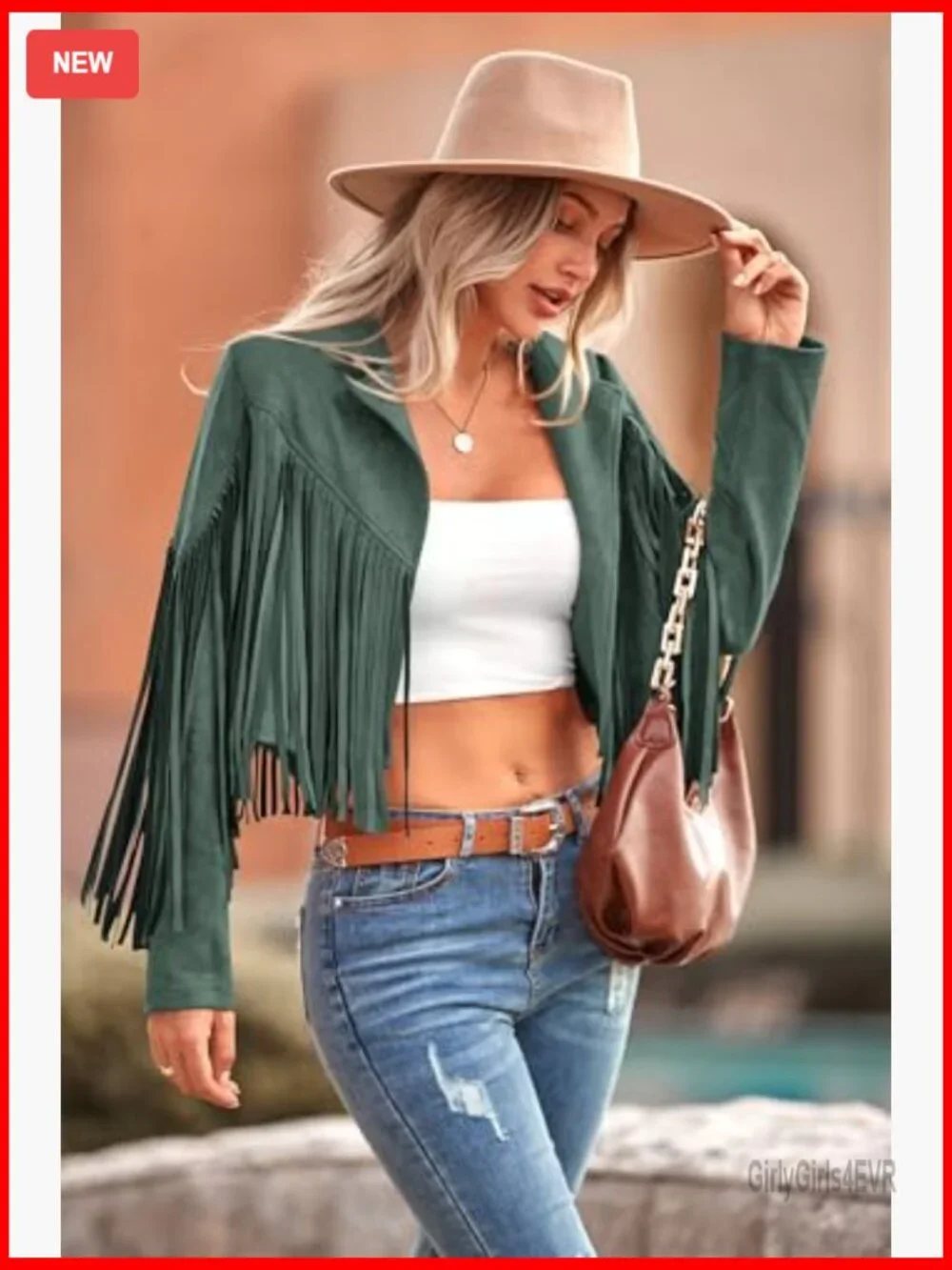 Faux Suede Fringe Cropped Jacket, Motorcycle Style, Fitted, Long Sleeve - Picture 4 of 7